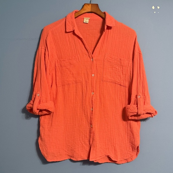 MAGASCHONI Organic Cotton Button Shirt Womens Sm Orange Roll Tab Sleeve Oversize - Picture 1 of 5